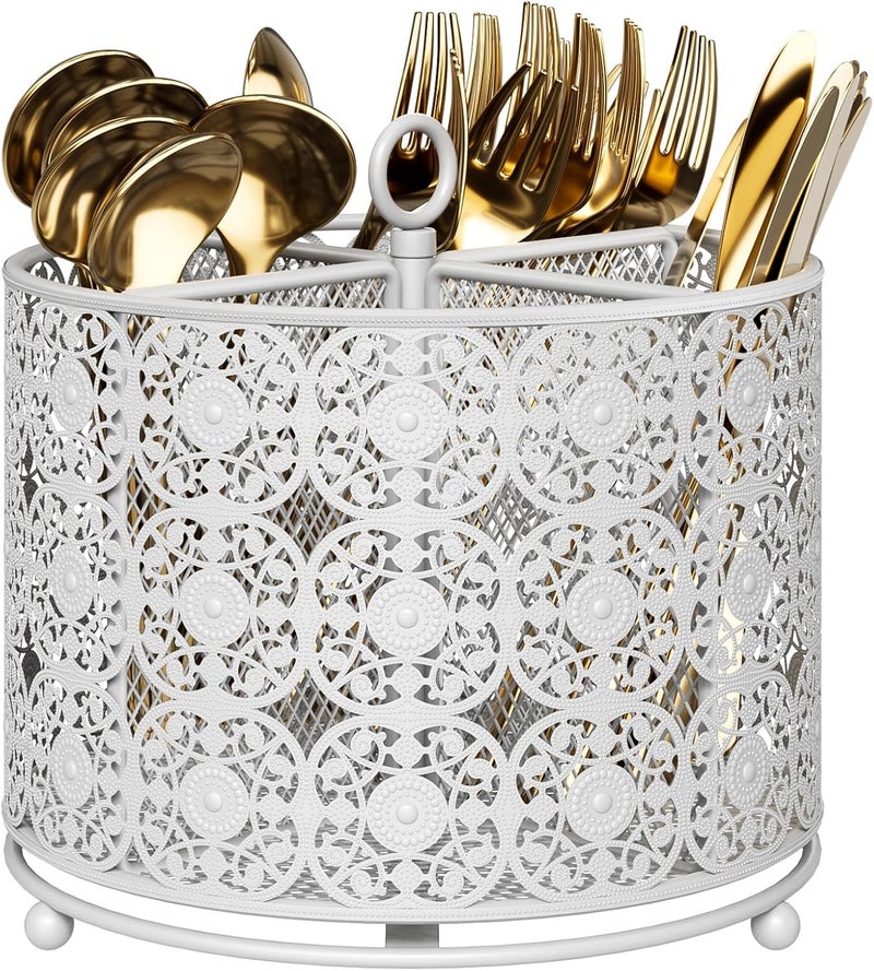 YIUKEA Rotating Utensil Caddy Holder - Higher Raised Cutlery Caddy Countertop - Metal Silverware Caddy Organizer with 4 Compartment for Kitchen Counter Party Office white - Image 1